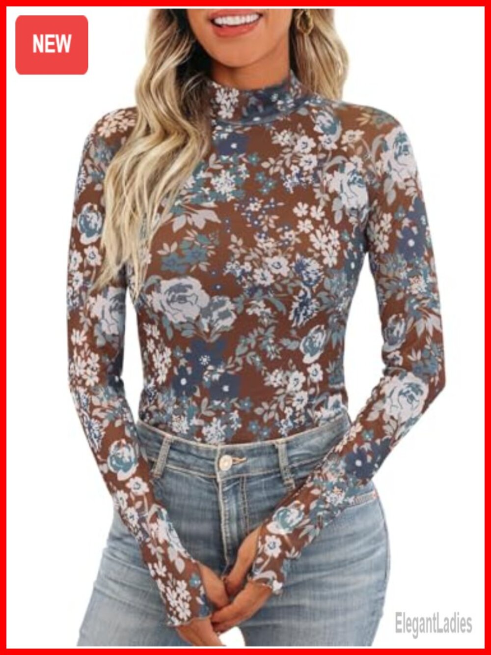Lace Long Sleeve Sheer Floral Mesh Mock Neck Top Women Business Casual